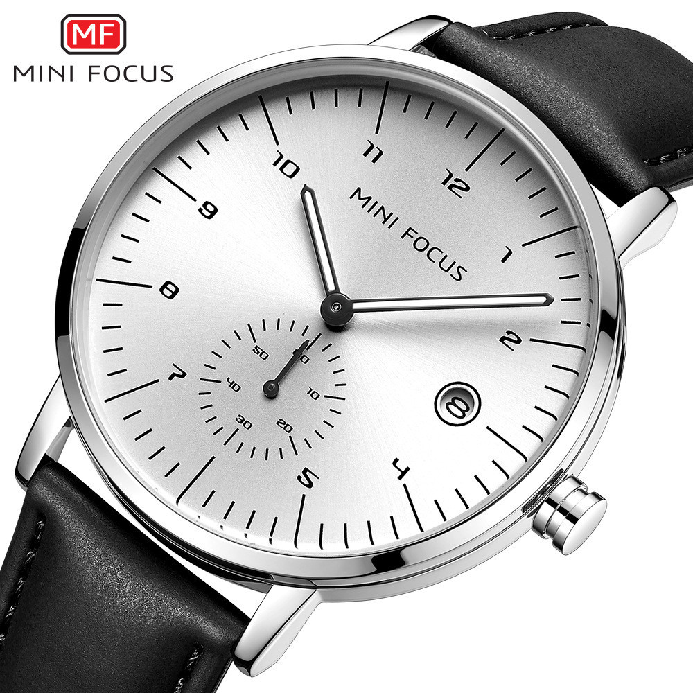 MINI FOCUS品牌手錶休閒男表日曆夜光防水真皮錶帶男手錶0303G