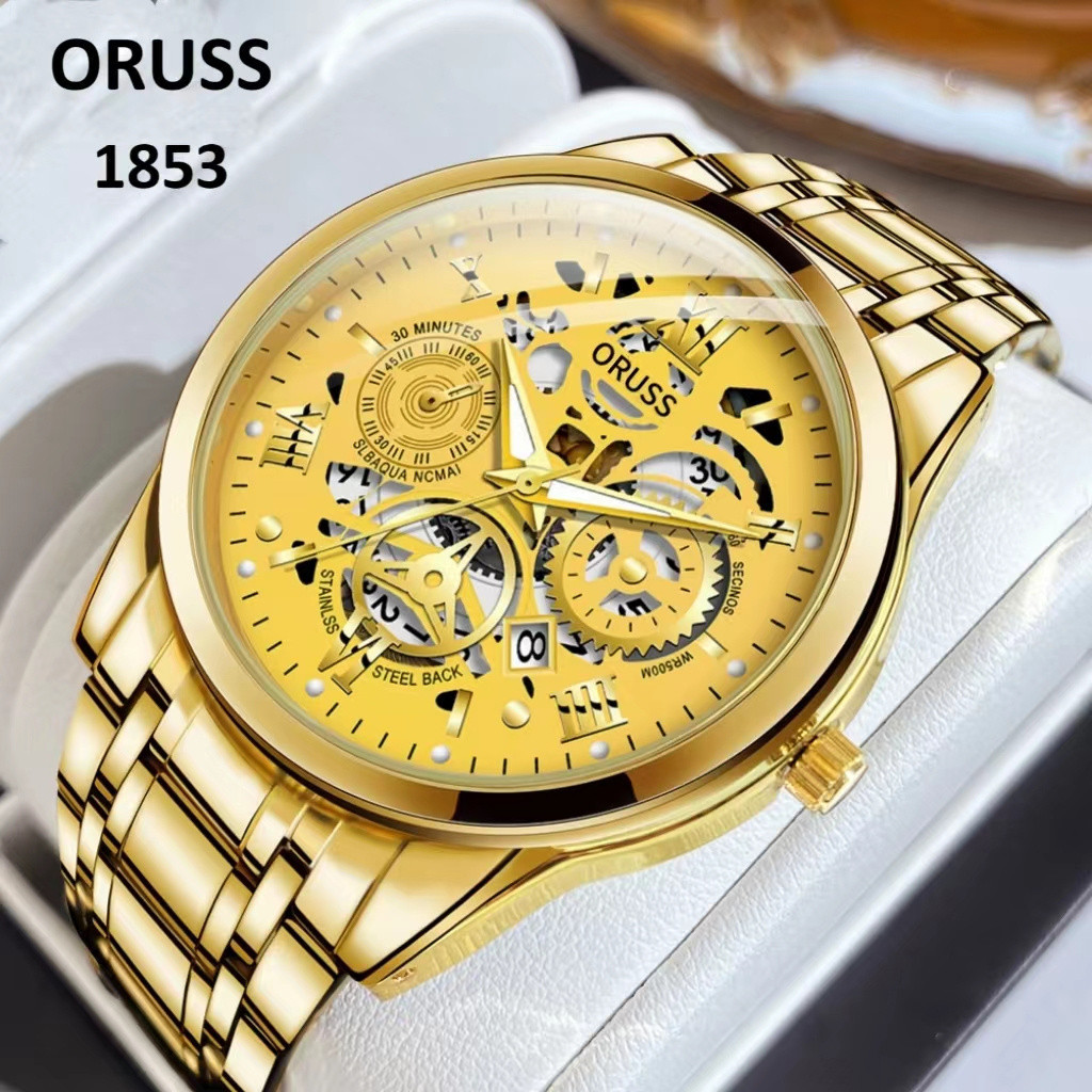 ORUSS原裝豪華金色鏤空不鏽鋼時尚防水商務手錶男士石英瑞士腕錶