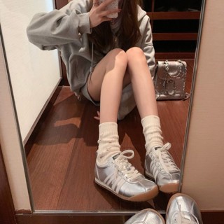 銀色德訓鞋牛皮版~銀色圓頭真皮復古德訓鞋女平底運動休閑鞋小白鞋阿甘板鞋