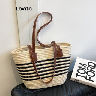 Lovito 休閒草編條紋編織假日格包 高品質女士日常通勤單肩托特包 LFA67015