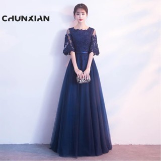 女士深藍色晚禮服 名媛優雅收腰顯瘦洋裝 伴娘婚禮場合 春酒尾牙 主持 回門晚宴 短袖長禮服 表演 大尺碼黑色連衣裙 顯瘦