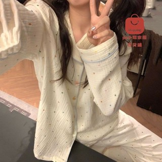 Po小姐精選 【2743人好評】韓國ins簡約睡衣女日系甜美可愛波點印花長袖長褲寬鬆家居服套裝 熱賣