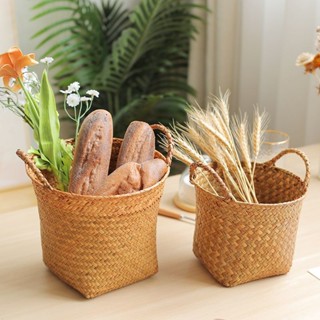 ins 圓形桌面垃圾桶復古編織客廳插花裝飾花盆草編雜物收納筐
