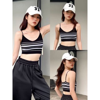 【HOT 本舖】 撞色條紋針織吊帶小背心女夏辣妹內搭帶胸墊美背短款上衣外