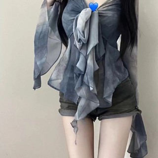 💖臺灣出貨💖 長袖襯衫 設計感系帶上衣 港風喇叭袖長袖遮肚收腰襯衫女 胖妹妹大尺碼上衣 純欲風上衣 收腰顯瘦上衣