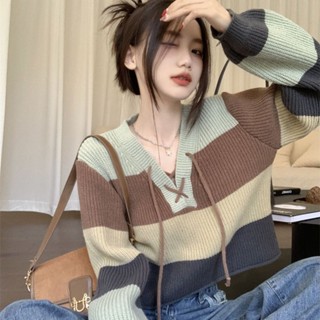 條紋撞色上衣 係帶針織毛衣 女生上衣 長袖上衣 翻領長袖 設計感小眾女上衣 復古辣妹長袖上衣 拼色毛衣 秋季薄款上衣