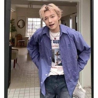 NANS 臺灣現貨 長袖襯衫 字母刺繡襯衫男長袖日系港風ins寬鬆襯衣潮流藍色小格子休閒外套