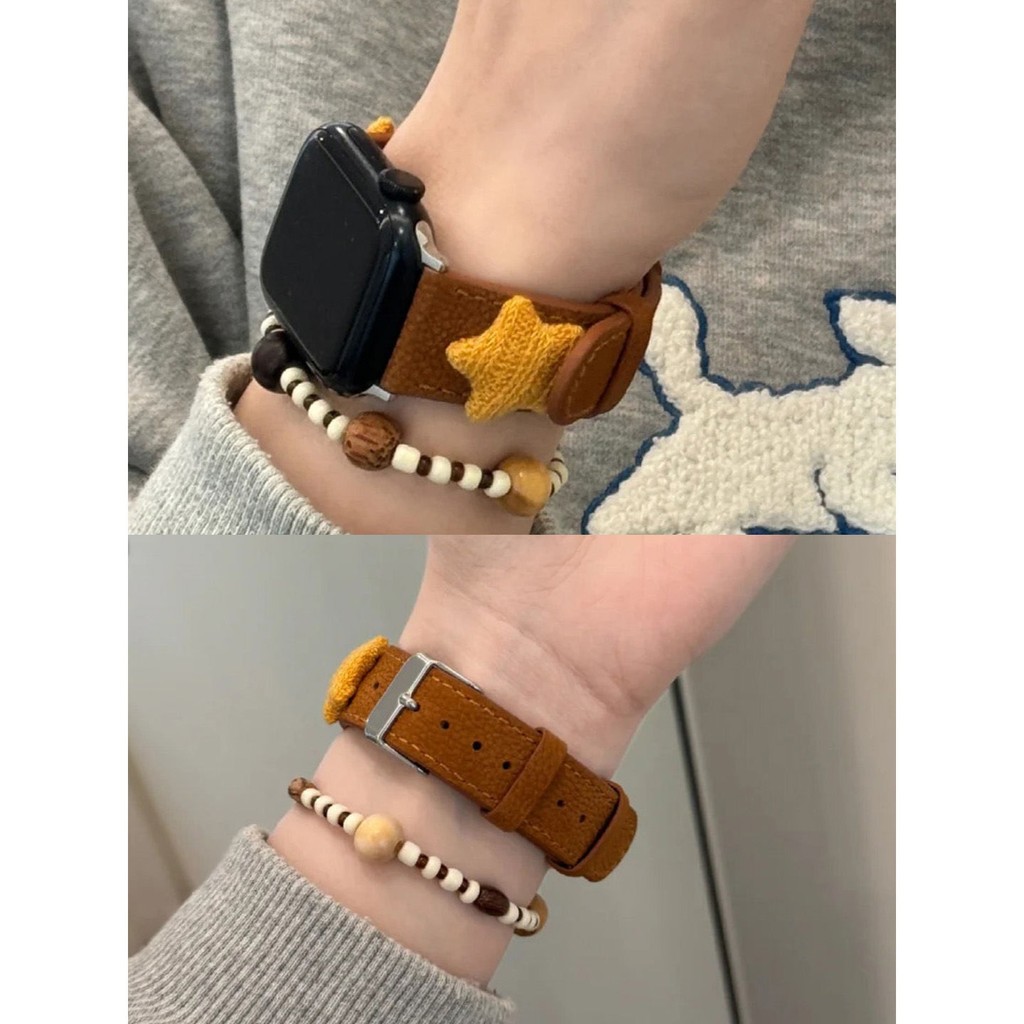💥免運#毛織星星真皮錶帶適用蘋果AppleWatchS8手錶帶SE iWatch通用Ultra