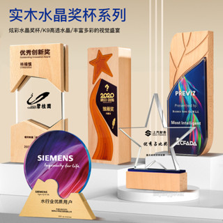 實木水晶創意獎杯 客製化獎盃 訂製高檔尾牙優秀員工比賽冠軍頒獎紀念獎牌 客製化禮物 彩印水晶奬杯