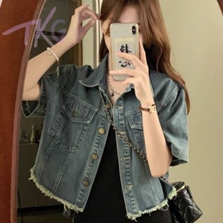 做舊毛邊短袖牛仔外套女夏季新款短款高腰上衣法式復古顯瘦夾克潮 小個子外套 夏季外套 小個子穿搭外套 厚牛仔外套