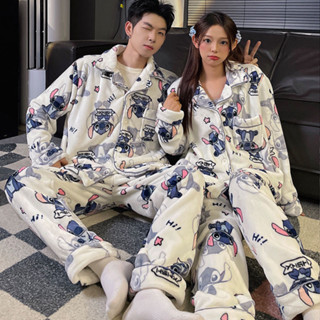 [現貨]冬季史迪奇珊瑚絨情侶睡衣女 可愛刷毛加厚居家服 卡通情侶一男一女冬天保暖家居服兩件套裝 大尺碼#5641