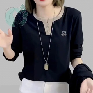 春秋新款時尚燙鑽v領天鵝顯瘦打底氣質女媽媽長袖T恤百搭打底上衣 T恤 長袖t恤女 寬鬆T恤 顯瘦長袖T恤 秋冬長袖