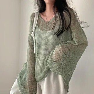 【HOT 本舖】 韓國chic夏季法式復古慵懶風寬鬆長袖鏤空薄款針織防曬罩衫上衣女
