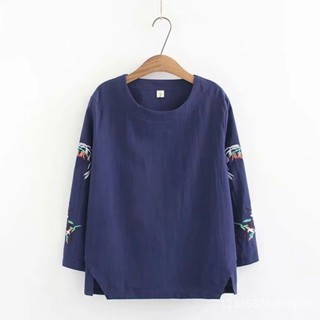 Meet.You.4XL 大尺碼上衣 純棉刺繡長袖 大碼打底衫 T恤複古女裝白色上衣 媽媽裝 早秋上衣 長袖女圓領上衣