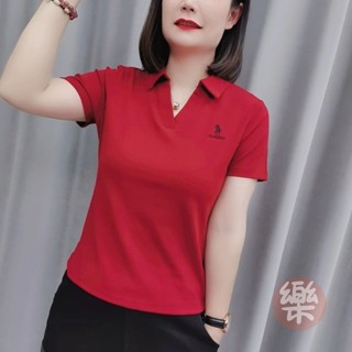 刺繡媽媽洋氣減齡上衣短袖t恤女夏裝新款韓版休閒運動時尚polo衫 韓版字母短袖 夏季寬鬆刺繡短袖 韓係寬鬆上衣【樂購】