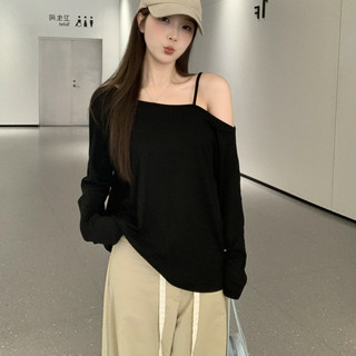 實拍大碼胖mm設計感斜領上衣女秋季甜辣長袖T恤M-4XL