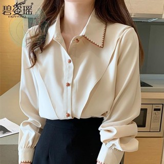 雪紡襯衫女2024秋裝新款刺繡長袖白色襯衣設計感小眾法式別緻上衣休閒襯衫女 秋季襯衫女 修身長袖襯衫女【韓衣秀】