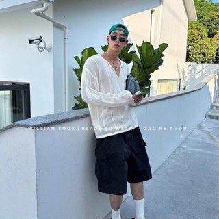 鏤空長袖t恤男裝秋季小眾設計感針織衫寬鬆休閒慵懶風高級感上衣秋季新款復古小眾慵懶風寬鬆鏤空針織衫春秋長袖毛衣外套上衣