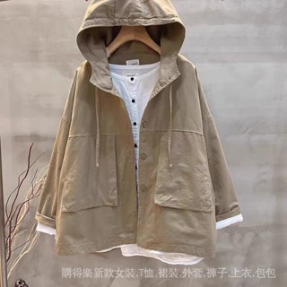工裝韓版風衣長袖外套女寬鬆2024春秋裝新款純色連帽短外套上衣