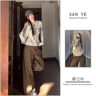 👖長腿精 套裝女2024秋季新款韓系可愛小狗印花針織衫連帽上衣高腰 休閒長褲 微喇褲 闊腳褲 直筒褲 長褲