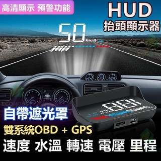 🔥桃園隔日達🔥台灣一年保固 HUD多功能汽車抬頭顯示器 GPS+OBD2雙系統 白光大字體 水溫 電壓 轉速 時速 里程