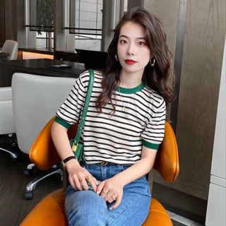 衣時尚 針織衫 上衣 毛線衣 新款半高領針織短袖女薄款冰絲上衣短款寬鬆條紋t卹TBF07-280.