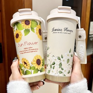 花朵保溫杯高顏值大容量雙飲輕奢隨行帶吸管咖啡杯500ml