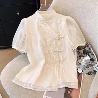 2024夏新款上衣女時尚中式立領刺繡流蘇盤扣襯衫百搭減齡雪紡衫女裝