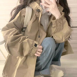 秋裝新款美式學院風工裝衝鋒衣外套女長袖慵懶百搭休閒連帽夾克男女同款上衣時尚寬鬆顯瘦女生衣服