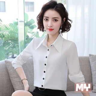 白襯衫春季春秋新款長袖時尚白色職業襯衣上衣百搭打底 韓版襯衫 秋季襯衫女 大碼長袖襯衫 氣質襯衫 紐扣純色襯衫【MY】