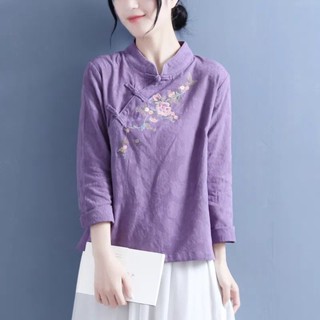 純棉棉麻長袖上衣女|秋季立領盤扣上衣|復古繡花長袖衫|大碼女裝|國風文藝上衣|韓版高檔上衣|百搭打底衫|氣質媽媽裝