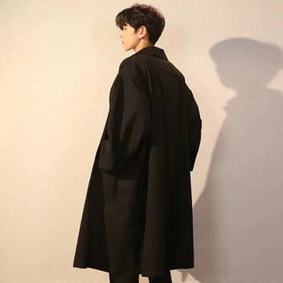 c1010--黑色風衣加絨韓版中長款寬鬆外套帥氣港風加厚大衣男士潮流披風