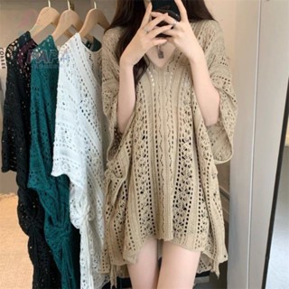 v領鏤空短袖針織衫女慵懶風夏季設計感小眾獨特別緻寬鬆罩衫上衣 肉肉女穿搭 夏季大尺碼上衣 鏤空針織長袖上衣【PAPA】