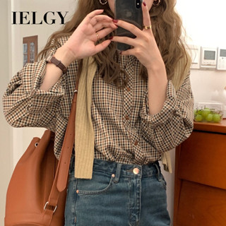 IELGY 復古格子寬鬆長袖襯衫女寬鬆上衣分層百搭