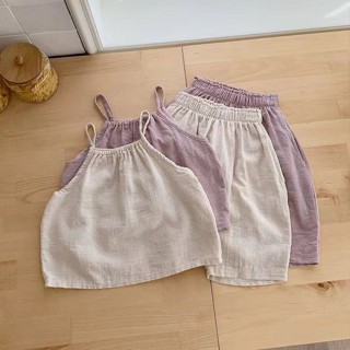ins韓版夏季女童套裝 嬰幼童夏裝女寶寶日系慵懶系棉麻吊帶背心素色寬鬆寬褲