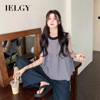 IELGY 撞色蕾絲格子娃娃裝襯衫女夏季新款減齡寬鬆外穿背心上衣