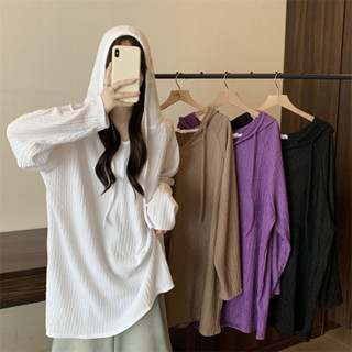 M-2XL 大碼女裝 連帽上衣 長袖上衣 肌理感中長款連帽長袖t恤女早秋新款寬松顯瘦時尚上衣女