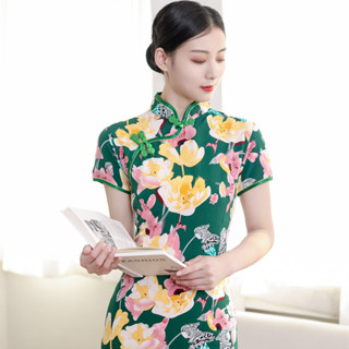 春季短袖修身改良復古大碼印花中長旗袍女裝新款春袖修身復古大碼印花中長款旗袍女新款中式旗袍