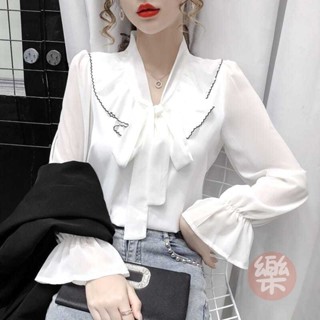 V領長袖白襯衫女裝2025新款時尚百搭喇叭袖設計感小眾雪紡上衣女 秋季潮流襯衫 褶皺氣質襯衫 韓版長袖襯衫【樂購】