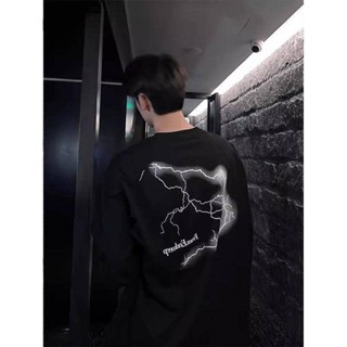 NANS 臺灣現貨 長袖 美式秋季閃電印花長袖t恤男oversize圓領打底衫潮牌上衣