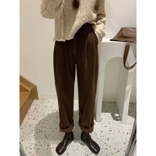 現貨.顯瘦長褲 韓版刷毛加厚燈芯絨寬褲子女冬季2021年新款顯瘦寬鬆高腰休閒直筒褲 美式復古 長褲 顯瘦 七分褲