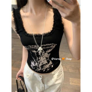 [VERNE FF]印花吊帶背心 黑色吊帶 外穿上衣背心 夏季美式背心 辣妹蕾絲 花邊修身 顯瘦短款上衣