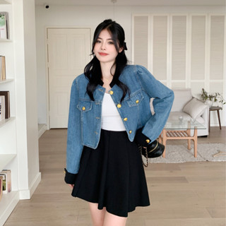L-4XL 韓版設計感拼接長袖牛仔外套 鬆緊短裙兩件式套裝 大尺碼女裝 秋季套裝 顯瘦套裝 胖MM穿搭 梨形身材 正韓