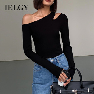 IELGY 黑色露肩長袖針織T恤女修身打底衫上衣