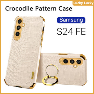 SAMSUNG 鱷魚紋三星 S24 FE 手機殼 S24 Ultra Plus 外殼指環支架支架 PU 保護套全面保護相