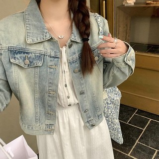 胖胖美依 上衣 牛仔外套 牛仔衫S-XL 新款復古做舊牛仔短外套新款港味POLO領百搭小個子長袖夾克上衣-8794.