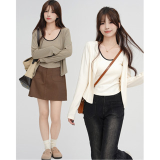 【HOT 本舖】 S-2XL 早秋穿搭撞色甜辣套裝長袖小外套開衫+內搭吊帶背心兩件套上衣女