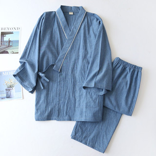 【現貨】日式無印風睡衣男士春秋季水洗加密純棉紗布汗蒸和服家居服套裝