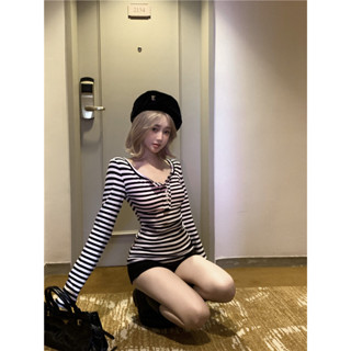 實拍實價~條紋長袖T恤女秋季打底衫修身顯瘦甜辣小上衣