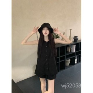 寬鬆無袖背心上衣黑色套裝女夏季鬆緊腰寬版短褲休閒運動風兩件套